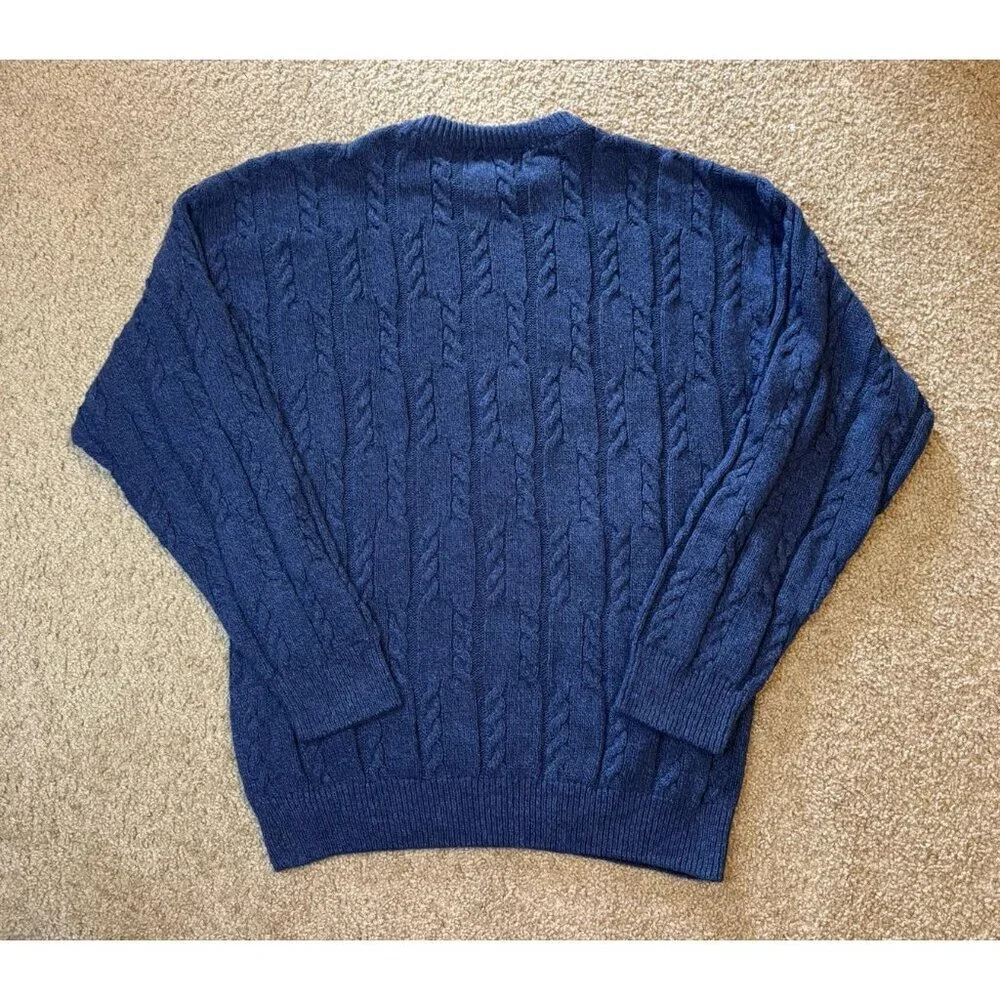 CHAPS RALPH LAUREN VTG Blue Cable Knit Sweater Chunky Crest Logo Cotton USA L